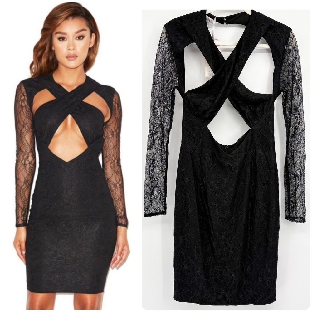 House of CB Womens Emira Black Lace Cut Out Whimsigoth Glam Bodycon Dress Size L